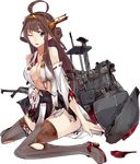  ;o ahoge breasts brown_hair damaged double_bun full_body grey_legwear kantai_collection kongou_(kantai_collection) konishi_(koconatu) large_breasts loafers long_hair machinery nontraditional_miko official_art one_eye_closed purple_eyes remodel_(kantai_collection) shoes solo thighhighs torn_clothes transparent_background turret 