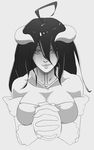  ahoge albedo bad_deviantart_id bad_id bare_shoulders breasts cleavage demon_girl detached_collar elbow_gloves gloves greyscale hair_between_eyes hands_clasped horns huge_ahoge large_breasts long_hair monochrome overlord_(maruyama) own_hands_together shaded_face slit_pupils smile solo upper_body whistle_frog 