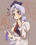  1girl adapted_costume bad_id bad_pixiv_id blue_eyes blush breasts commentary_request cork doctor hat index_finger_raised kokoyashi labcoat large_breasts lavender_hair long_hair nurse_cap solo test_tube touhou very_long_hair yagokoro_eirin 