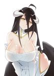  ahoge albedo bare_shoulders bent_over black_hair black_wings breasts cleavage demon_girl demon_horns dress elbow_gloves gloves head_tilt highres hip_vent horns large_breasts long_hair looking_at_viewer overlord_(maruyama) smile solo v_arms very_long_hair white_dress white_gloves wings x&amp;x&amp;x yellow_eyes 