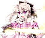  artoria_pendragon_(all) bare_shoulders bow breasts commentary_request cosplay detached_collar excalibur fate/kaleid_liner_prisma_illya fate_(series) gauntlets hair_bow illyasviel_von_einzbern ishida_akira long_hair magical_girl pink_eyes ponytail prisma_illya saber saber_(cosplay) sample silver_hair small_breasts smile solo sword weapon 