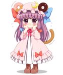  :&lt; bebeneko blush boots churro coat commentary_request cross-laced_footwear doughnut dress flying_sweatdrops food hair_ribbon hands_on_own_cheeks hands_on_own_face hat highres kemonomimi_mode long_hair long_sleeves mob_cap open_clothes open_coat patchouli_knowledge purple_eyes purple_hair ribbon solo striped striped_dress touhou tress_ribbon wide_sleeves younger 