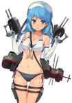  bikini blue_eyes blue_hair breasts cannon cleavage cowboy_shot elbow_gloves front-tie_top gloves hat kantai_collection long_hair looking_at_viewer navel rigging senbei_(senbe_i) side-tie_bikini small_breasts smile solo swimsuit thigh_gap turret urakaze_(kantai_collection) white_hat 