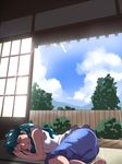  barefoot blue_skirt blush closed_eyes cloud day go!_princess_precure green_hair half-closed_eyes kaidou_minami long_hair lying on_side open_mouth precure skirt sky sleeping solo sunlight tatami tj-type1 veranda wind_chime 