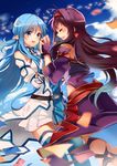  asuna_(sao) asuna_(sao-alo) blue_eyes blue_hair closed_eyes detached_sleeves fingerless_gloves gloves hairband highres holding_hands kagura_kurosaki long_hair multiple_girls pointy_ears purple_hair sword_art_online yuuki_(sao) 