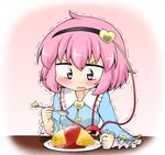  blouse chibi clenched_hand drooling food frilled_sleeves frills hairband heart highres ketchup komeiji_satori long_sleeves omurice pink_background pink_hair plate short_hair solo sparkle sparkling_eyes spoon suwa_yasai table third_eye touhou trembling wide_sleeves 
