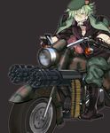  ammunition_belt artist_name boots bullet camouflage camouflage_pants cigarette flippy gatling_gun gloves green_hair grin ground_vehicle gun happy_tree_friends kab00m_chuck male_focus military military_uniform motor_vehicle motorcycle pants personification riding sharp_teeth simple_background smile solo spiked_hair teeth uniform weapon 
