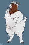  anthro bovid breasts caprine dbd eyewear featureless_crotch female glasses goat horn looking_at_viewer mammal mature_female nipples obese obese_female overweight smile solo standing 