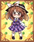  :&lt; animal_ears bow brown_eyes brown_hair bunny_ears bunny_tail carrot glasses hat hat_bow kemonomimi_mode lowres plaid plaid_skirt plaid_vest pote_(ptkan) red-framed_eyewear skirt solo tail touhou usami_sumireko vest 