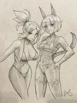  animal_ears bangs bikini bob_cut breasts cat_ears cat_tail cerebella_(skullgirls) choker cleavage commentary cowboy_shot cropped_legs dark_skin eu03 facial_tattoo fang halterneck hand_on_hip large_breasts long_hair marker_(medium) monochrome ms._fortune_(skullgirls) multiple_girls navel parted_bangs ponytail scar short_hair sideboob sketch skullgirls strap_gap swimsuit tail tattoo traditional_media 