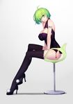  absurdres ahoge arms_between_legs bare_shoulders breasts chair chinese_clothes cleavage_cutout covered_nipples daye_bie_qia_lian english full_body green_eyes green_hair high_heels highres large_breasts looking_at_viewer original short_hair simple_background sitting smile solo thighhighs 