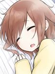  blush brown_hair close-up closed_eyes commentary_request fang ikazuchi_(kantai_collection) kantai_collection myonde open_mouth pajamas pillow short_hair sleeping sleeves_past_wrists solo 