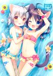  :d ;d ahoge animal_ears armpits bandeau bangle bare_shoulders bikini black_hair blue_eyes blush bracelet braid breasts cat_ears cat_tail collaboration fang flower hair_ornament hair_ribbon hairclip jewelry kuu_(mani) long_hair looking_at_viewer multiple_girls navel one_eye_closed open_mouth original piyodera_mucha ponytail red_eyes ribbon salute shii_(mani) short_hair silver_hair small_breasts smile strapless swimsuit tail tail_flower tail_ornament twin_braids usashiro_mani v water 