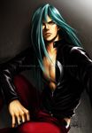  abs aqua_hair belt blue_eyes hair_between_eyes hair_over_one_eye jacket jewelry leather leather_jacket lips lixin_wang long_hair male_focus nose open_clothes open_jacket pants pectorals remy_(street_fighter) ring shirtless sitting solo street_fighter street_fighter_iii_(series) wedding_band 