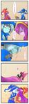  1girl 5koma absurdres blue_skin blush chinese clenched_teeth comic crying fairy fairy_wings green_eyes hat highres kiss league_of_legends long_hair lulu_(league_of_legends) pix purple_hair purple_skin scar staff surprise_kiss surprised tears teeth text_focus torso_grab translation_request veigar white_hair wings yan531 yellow_eyes yordle 