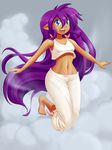  :d bare_shoulders blue_eyes cloud dark_skin dstears happy jumping knees_together long_hair midriff navel open_mouth pajamas pants pointy_ears purple_hair shantae_(character) shantae_(series) smile solo very_long_hair white_pants 