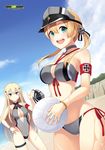  beach bikini bismarck_(kantai_collection) blonde_hair blue_eyes breasts cleavage cleavage_cutout collar day front-tie_top hair_ornament halter_top halterneck hat hat_removed headwear_removed highres kantai_collection large_breasts long_hair looking_at_viewer multiple_girls one-piece_swimsuit open_mouth oyaji-sou peaked_cap prinz_eugen_(kantai_collection) sparks swimsuit twintails volleyball watermark web_address 