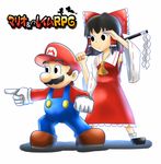  1girl ascot black_eyes black_hair bow brown_hair crossover detached_sleeves dress dress_shirt facial_hair gloves gohei hair_bow hair_tubes hakurei_reimu hand_on_forehead hand_over_face hat japanese_clothes long_sleeves mario mario_&amp;_luigi_rpg mario_(series) miko mustache overalls parody pointing pointing_forward ribbon saibara_(flash-dyna-1994) sarashi shirt short_hair simple_background skirt skirt_set style_parody super_mario_bros. touhou white_gloves 