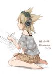  :o alternate_costume barefoot blonde_hair casual contemporary drawing drawing_board floral_print headphones holding holding_stylus left-handed open_mouth pointy_hair shirt sitting skirt solo stylus tablet touhou toutenkou toyosatomimi_no_miko wariza yellow_eyes 