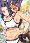  alcohol arino_towatari artist_request bare_shoulders beer belly_grab bikini blush breasts cleavage deep_skin eyepatch gradient gradient_background kantai_collection large_breasts multiple_girls navel open_mouth plump purple_eyes purple_hair short_hair smile stomach swimsuit tatsuta_(kantai_collection) tenryuu_(kantai_collection) yellow_eyes 