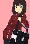  1girl adidas bag bangs blush brown_eyes hand_in_pocket hosoo long_hair original pink_background red_jacket simple_background solo sports_jacket zipper 