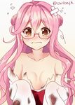  bare_shoulders blush breasts burnt_clothes cleavage double_bun glasses gradient gradient_background hair_bun kantai_collection long_hair looking_at_viewer makigumo_(kantai_collection) no_bra pink_hair small_breasts solo solo_focus suitenjh tears torn_clothes 