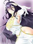  ahoge albedo bare_shoulders black_hair black_wings breasts cleavage demon_girl dress gloves groin hair_between_eyes hand_on_own_chest hip_vent horns large_breasts long_hair no_panties onsoku_maru outstretched_arm overlord_(maruyama) smile solo white_dress white_gloves wings yellow_eyes 