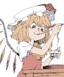  ascot blonde_hair chopsticks commentary eating flandre_scarlet hat mob_cap onikobe_rin red_eyes short_hair side_ponytail solo touhou wings 