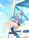  akihabara_denpatou animal bare_legs bird black_shorts blue_eyes blue_hair boots cloud day floating_hair full_body girder hair_ornament head_tilt horizontal_stripes knees_together_feet_apart long_hair looking_at_viewer miniskirt multicolored multicolored_eyes navel outdoors paper petals pink_eyes reia shirt short_shorts shorts single_boot sitting skirt sky solo striped striped_shirt sunlight wind wristband 