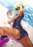  1girl 2015 arm_support artist_request ass beach blue_eyes breasts camel_toe clothing dark_skin female gradient_hair inkling looking_back multicolored_hair nintendo ocean pointy_ears school_swimsuit seaside shoes sneakers solo splatoon swimsuit tan tanline tentacle_hair two-tone_hair video_games water wet young 