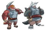  abs aggron anthro bandage belt biceps clothed clothing dinosaur duo footwear horn maldu male muscles nintendo open_mouth pecs pickaxe pok&eacute;mon scalie shoes smile teeth tongue tyrannosaurus_rex tyrantrum video_games 