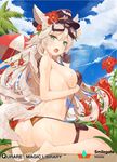  animal_ears aqua_eyes ass barefoot bikini black_gloves blonde_hair blush breasts cloud company_name covering covering_breasts day flower from_behind gloves goggles goggles_on_head hair_flower hair_ornament hat holster large_breasts long_hair looking_at_viewer looking_back mx2j_(nsh6394) open_mouth orange_bikini qurare_magic_library sitting sky solo sparkle swimsuit tail thigh_holster toes umbrella veins wariza watermark 