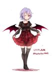  alternate_costume black_legwear casual collarbone contemporary detached_sleeves looking_at_viewer one_eye_closed purple_hair red_eyes remilia_scarlet short_hair signature simple_background skirt skirt_hold smile solo thighhighs touhou toutenkou white_background wings 