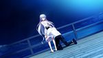  1girl barefoot black_eyes black_hair brother_and_sister dress eyes_closed grisaia_(series) grisaia_no_kajitsu grisaia_no_rakuen hug kazami_kazuki kazami_yuuji kneeling long_hair necktie school_uniform ship short_hair siblings skirt sky smile star stars white_hair 