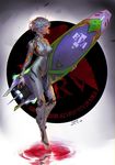 2015 adapted_costume ayanami_rei bangs barefoot bodysuit breasts covered_nipples dated english fingerless_gloves from_side full_body gloves hair_ornament highres holding lcl logo looking_to_the_side medium_breasts neon_genesis_evangelion nerv number parted_lips pilot_suit plugsuit profile qmo_(chalsoma) red_eyes ripples short_hair signature solo standing surfboard tiptoes turtleneck wetsuit white_bodysuit white_hair 