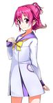  aida_mana bangs blue_sailor_collar bow dokidoki!_precure dress hair_between_eyes hair_bow half_updo hand_on_own_chest konishi_(koconatu) long_sleeves oogai_daiichi_middle_school_uniform pink_eyes pink_hair precure purple_bow purple_skirt sailor_collar sailor_dress short_hair simple_background skirt smile solo white_background 