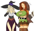  2girls blush breast_envy breasts brown_eyes brown_hair bursting_breasts cleavage cosplay costume_switch dragon&#039;s_crown dragon's_crown elf_(dragon&#039;s_crown) elf_(dragon's_crown) eyes_closed flat_chest huge_breasts matsu-sensei multiple_girls red_eyes simple_background sorceress_(dragon's_crown) torn_clothes wardrobe_malfunction wide_hips witch_(dragon&#039;s_crown) 