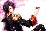  absurdres alcohol black_hair cherry_blossoms highres leon_(reine_des_fleurs) male_focus reine_des_fleurs sake smile solo usuba_kagero yellow_eyes 