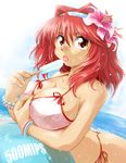  bikini breasts commentary_request flower food hair_flower hair_intakes hair_ornament huge_breasts lily_(flower) original popsicle ranbu_hararin red_hair solo swimsuit 