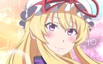  blonde_hair blush closed_mouth commentary_request hat highres himouto!_umaru-chan kyoukyan looking_at_viewer mob_cap parody portrait purple_eyes smile solo touhou yakumo_yukari 