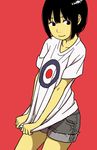  bad_id bad_tumblr_id bangs black_eyes black_hair collarbone cowboy_shot denim denim_shorts highres hosoo insignia looking_to_the_side original red_background roundel royal_air_force shirt shirt_tug short_shorts short_sleeves shorts simple_background solo t-shirt white_shirt 