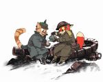  anthro armor beverage brown_fur canine cat clothed clothing coat dipstick_tail duo feline fox fur helmet male mammal military multicolored_tail red_fur scarf simple_background sitting smoking striped_tail stripes sulacoyote tank tea teapot vehicle white_background 