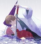  1girl bandages blue_eyes brown_hair bun_cover chinese_clothes closed_umbrella double_bun eye_contact gintama highres japanese_clothes kagura_(gintama) katana looking_at_another okita_sougo orange_eyes purple_umbrella rain red_hair short_hair sword umbrella uriyou water weapon wet 