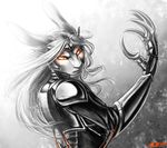 2015 abstract_background android angry anthro armor avalenna claws clothing female glowing glowing_eyes hair lagomorph long_ears looking_at_viewer machine mammal orange_eyes rabbit ratte robot simple_background solo white_hair 