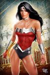  amazon armlet armor black_hair blue_eyes bracer breasts cowboy_shot dc_comics female fingernails gradient gradient_background hands_on_hips lasso leotard lips long_hair looking_at_viewer realistic solo strapless thighs tiara vambraces wonder_woman wonder_woman_(series) 