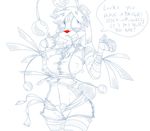 anthro bear big_breasts blush breasts clothing dialogue female mammal midriff monochrome navel panda red_nose sharp_teeth sketch smile solo teeth wide_hips wouhlven 
