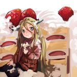  :t blonde_hair cake chewing commentary_request cream eating food fruit green_eyes haguhagu_(rinjuu_circus) hair_between_eyes holding_cake horns ibuki_suika immaterial_and_missing_power in_food long_hair long_sleeves oversized_object sitting slice_of_cake solo strawberry sweater touhou very_long_hair 