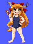  barefoot commentary_request food hair_ribbon highres horns ibuki_suika ikayaki long_hair marisa_to_alice_no_cookie_storia motsu_(selshia12) one-piece_swimsuit open_mouth orange_eyes orange_hair ribbon school_swimsuit solo squid swimsuit touhou very_long_hair 