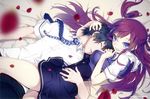  1girl black_hair blue_eyes breasts eyes_closed grisaia_(series) grisaia_no_kajitsu grisaia_no_rakuen kazami_yuuji legs long_hair pants red_hair suou_amane 