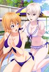  absurdres bikini breasts brown_hair cleavage cousins day highres large_breasts leg_lift legs medium_breasts multiple_girls nakiri_alice nakiri_erina non-web_source nyantype official_art orange_hair parasol purple_eyes red_eyes shokugeki_no_souma side-tie_bikini silver_hair sky swimsuit umbrella 